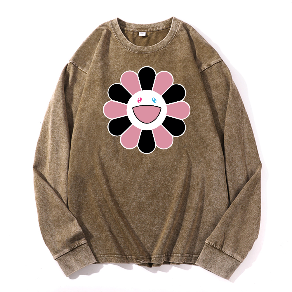 Black Pink Sunflowers TM Vintage Cotton Wash Long-sleeve T-shirt