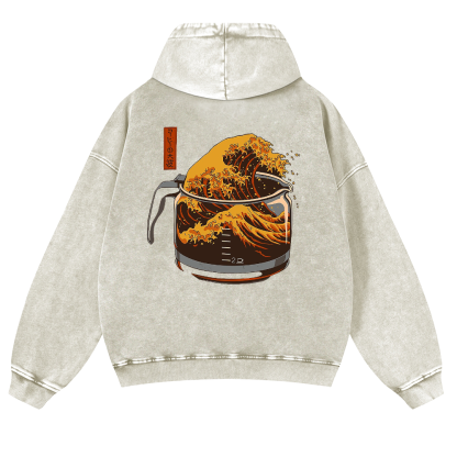 Katsushika Hokusai Coffee Wave Ukiyoe Vintage Washed Cotton Back Art Hoodie