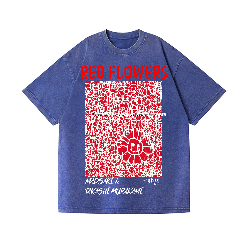 Red Flowers TM Vintage Wash Japanese Design T-Shirt