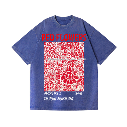 Red Flowers TM Vintage Wash Japanese Design T-Shirt