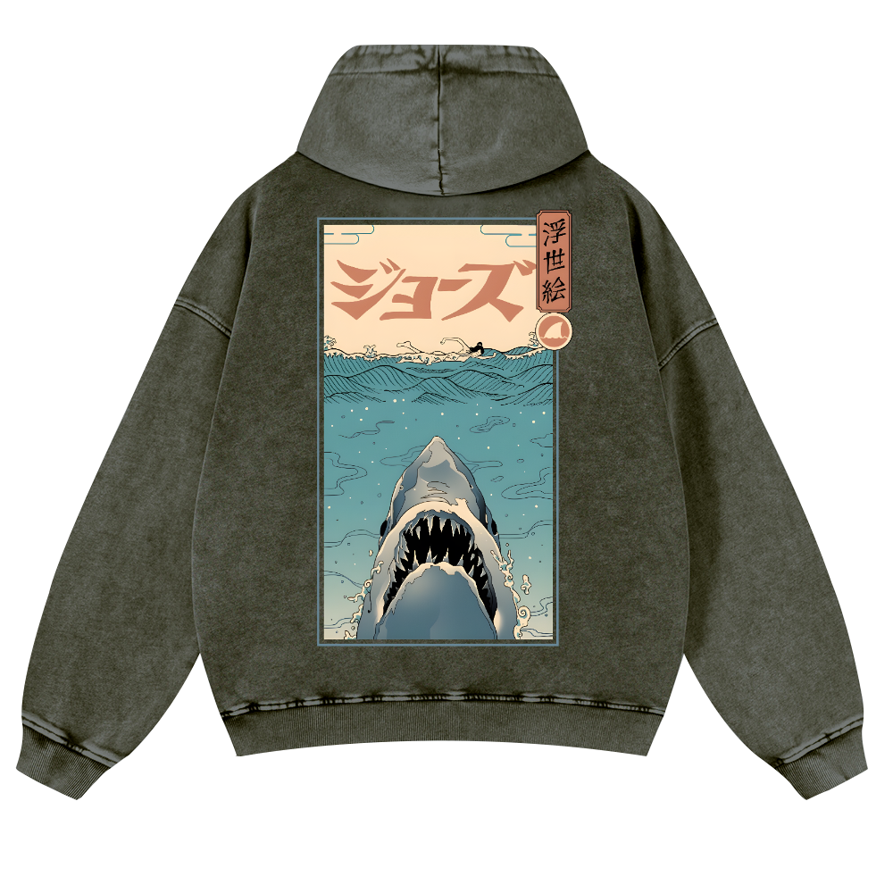 Jaws Ukiyoe Vintage Washed Cotton Back Art Hoodie