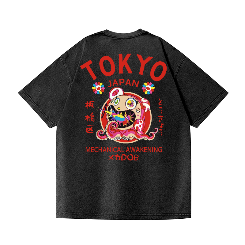 TM Sunflower Octopus Tokyo Japan Vintage Wash Japanese Design Back Art T-Shirt