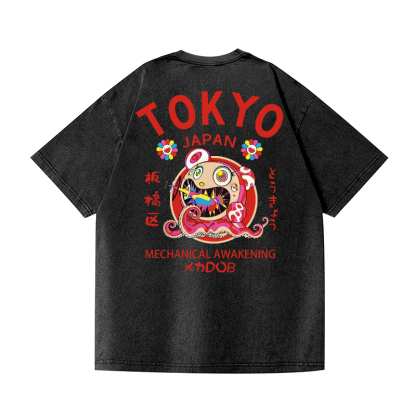 TM Sunflower Octopus Tokyo Japan Vintage Wash Japanese Design Back Art T-Shirt