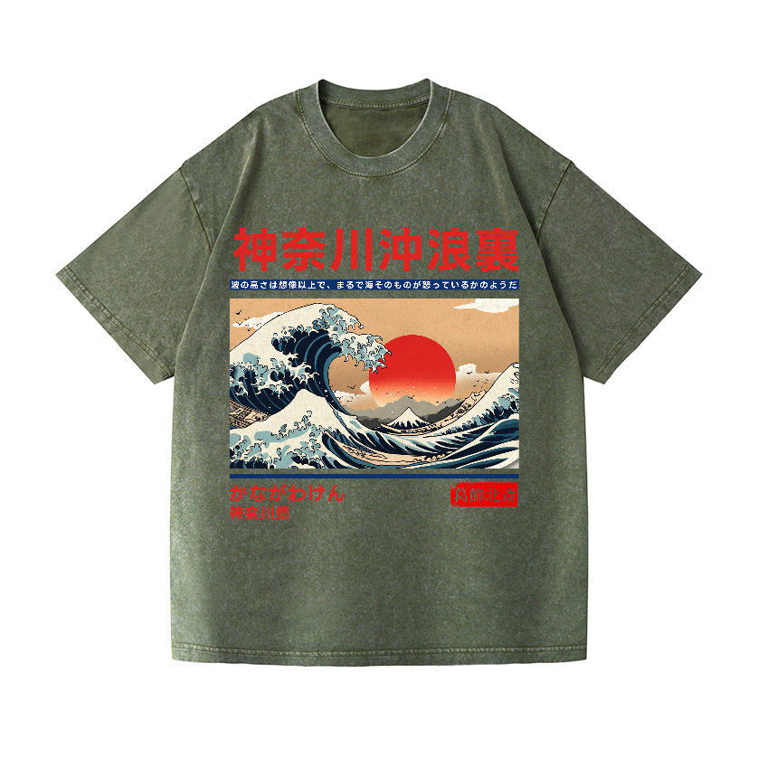Kanagawa Katsushika Hokusai Ukiyoe Great Wave Vintage Wash Japanese Design T-Shirt