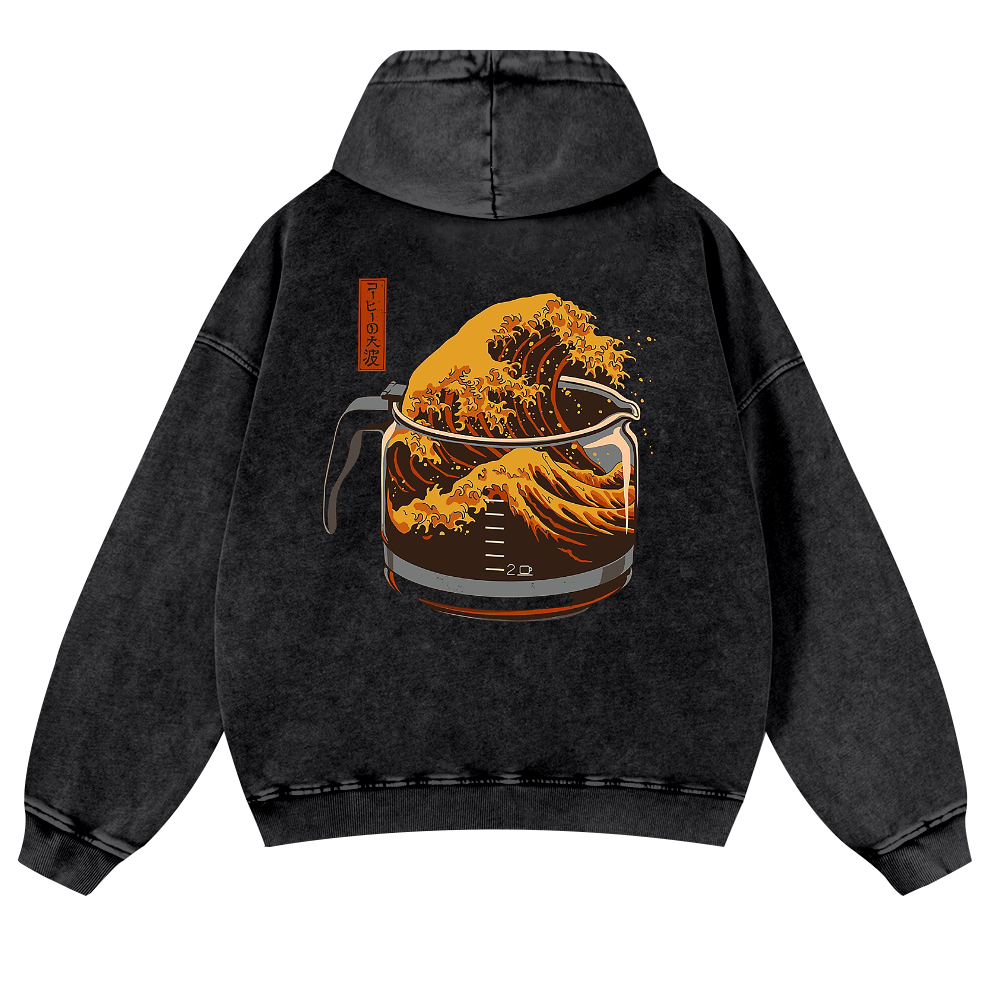 Katsushika Hokusai Coffee Wave Ukiyoe Vintage Washed Cotton Back Art Hoodie
