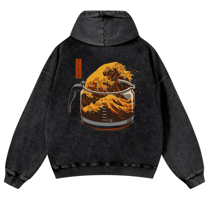 Katsushika Hokusai Coffee Wave Ukiyoe Vintage Washed Cotton Back Art Hoodie