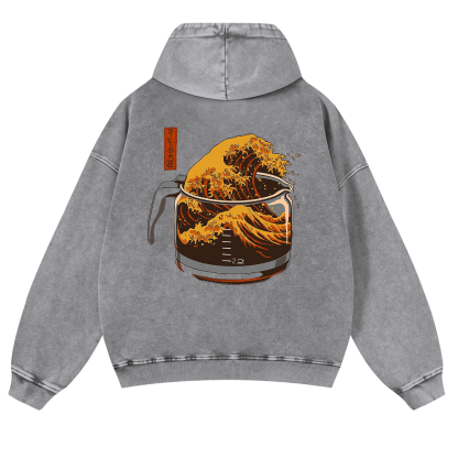 Katsushika Hokusai Coffee Wave Ukiyoe Vintage Washed Cotton Back Art Hoodie