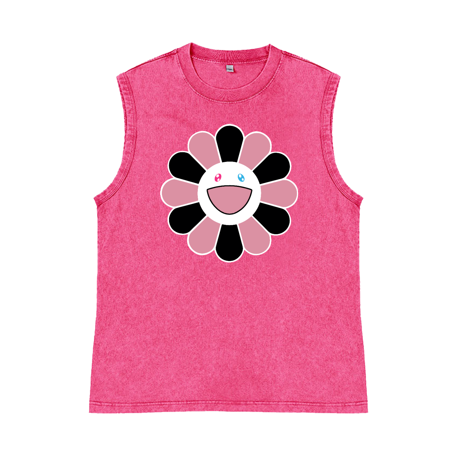 Black Pink Sunflowers TM Pure Cotton Wash-Dyed Sleeveless Tank Top