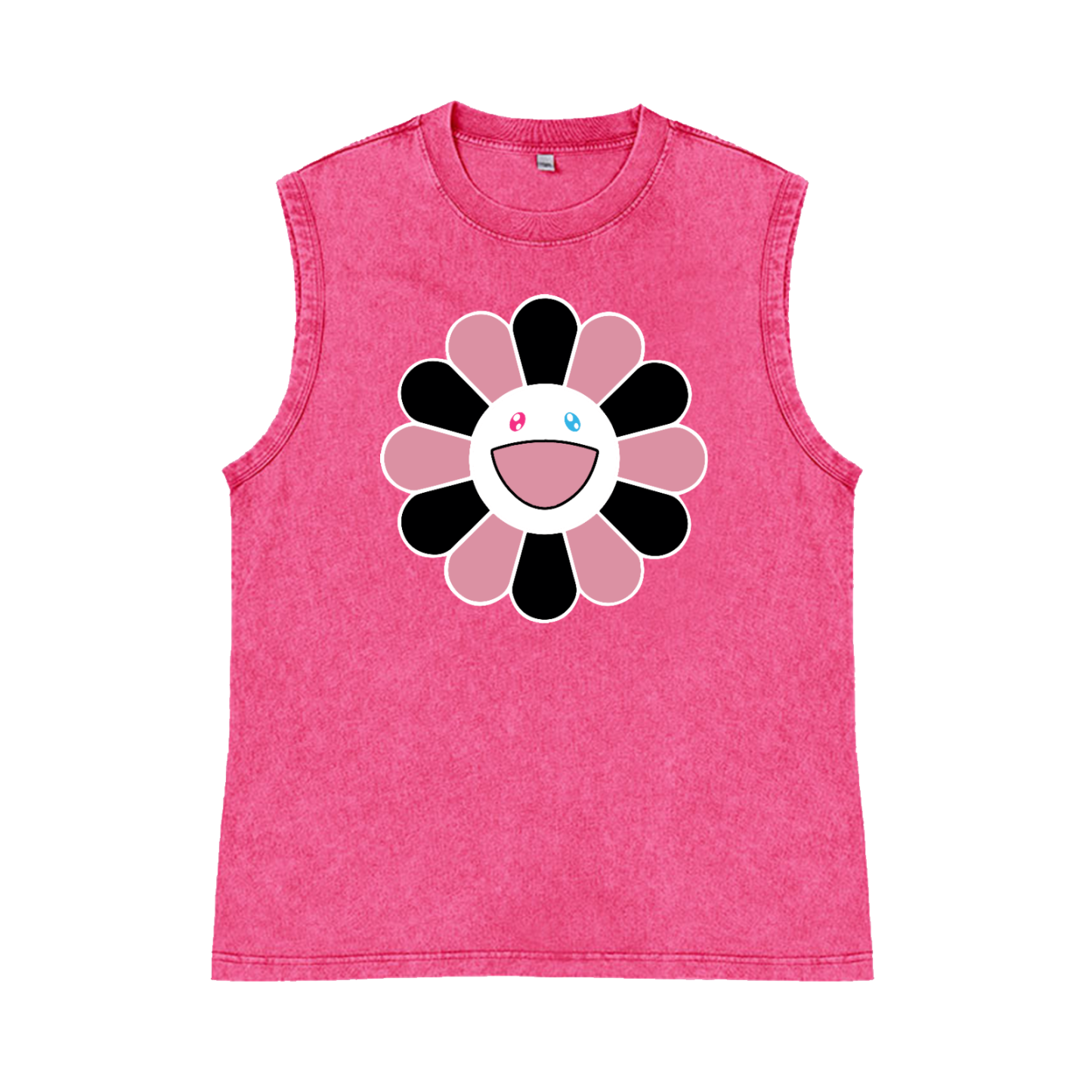 Black Pink Sunflowers TM Pure Cotton Wash-Dyed Sleeveless Tank Top