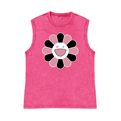 Black Pink Sunflowers TM Pure Cotton Wash-Dyed Sleeveless Tank Top