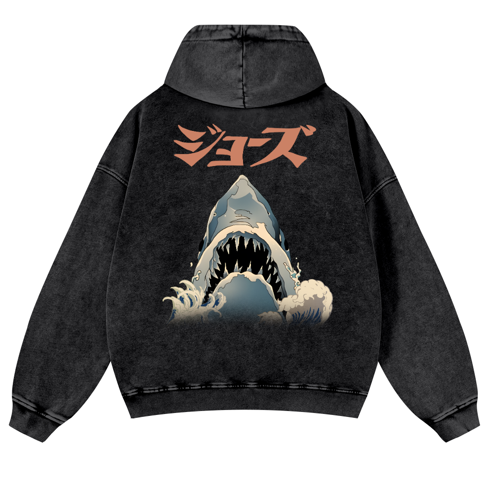 Jaws Ukiyoe Vintage Washed Cotton Back Art Hoodie