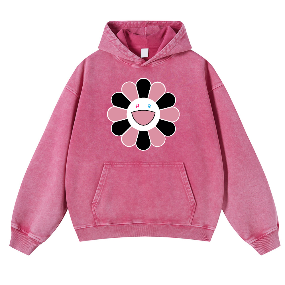 Black Pink Sunflowers TM Vintage Washed Thick Cotton Hoodie