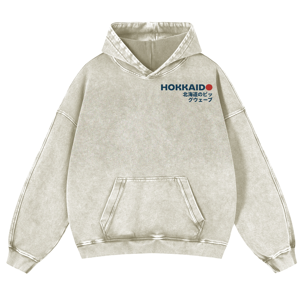 Katsushika Hokusai Hokkaido Wave Ukiyoe Vintage Washed Cotton Back Art Hoodie