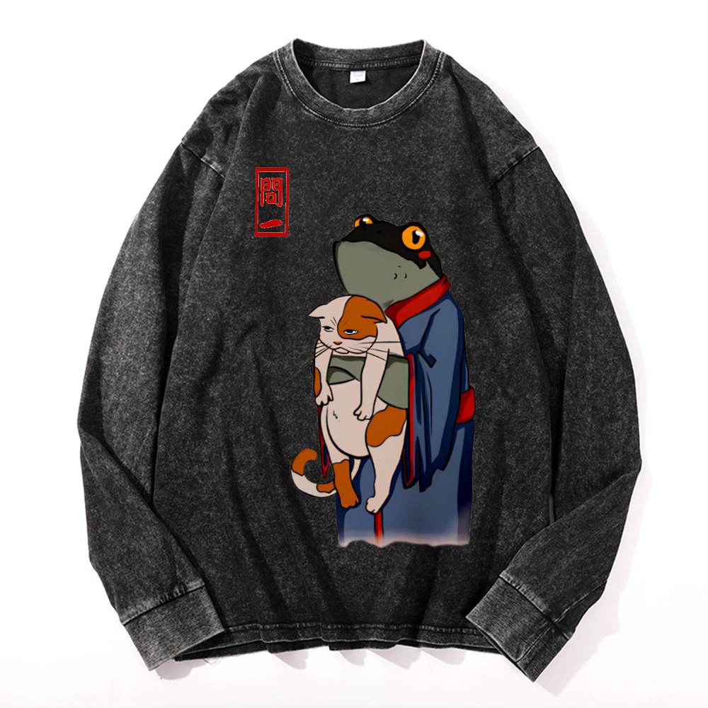 Matsumoto Hoji Cat Frog Vintage Cotton Wash Crewneck Sweatshirt