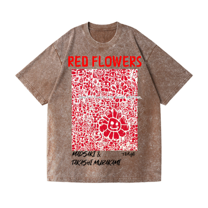 Red Flowers TM Vintage Wash Japanese Design T-Shirt