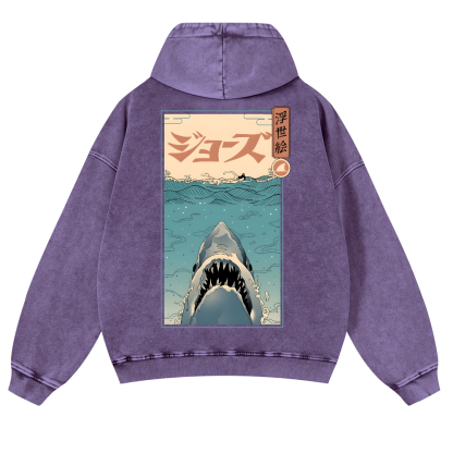 Jaws Ukiyoe Vintage Washed Cotton Back Art Hoodie