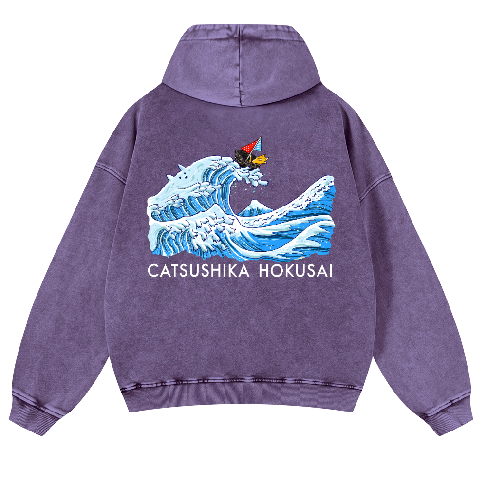 Katsushika Hokusai Cat Wave Vintage Washed Cotton Back Art Hoodie