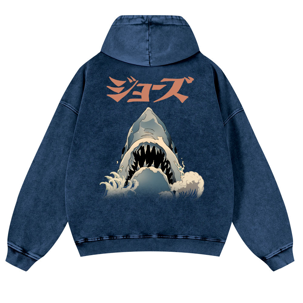 Jaws Ukiyoe Vintage Washed Cotton Back Art Hoodie