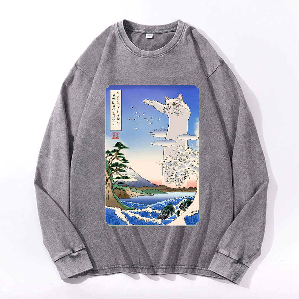 Longcat Art Vintage Cotton Wash Crewneck Sweatshirt