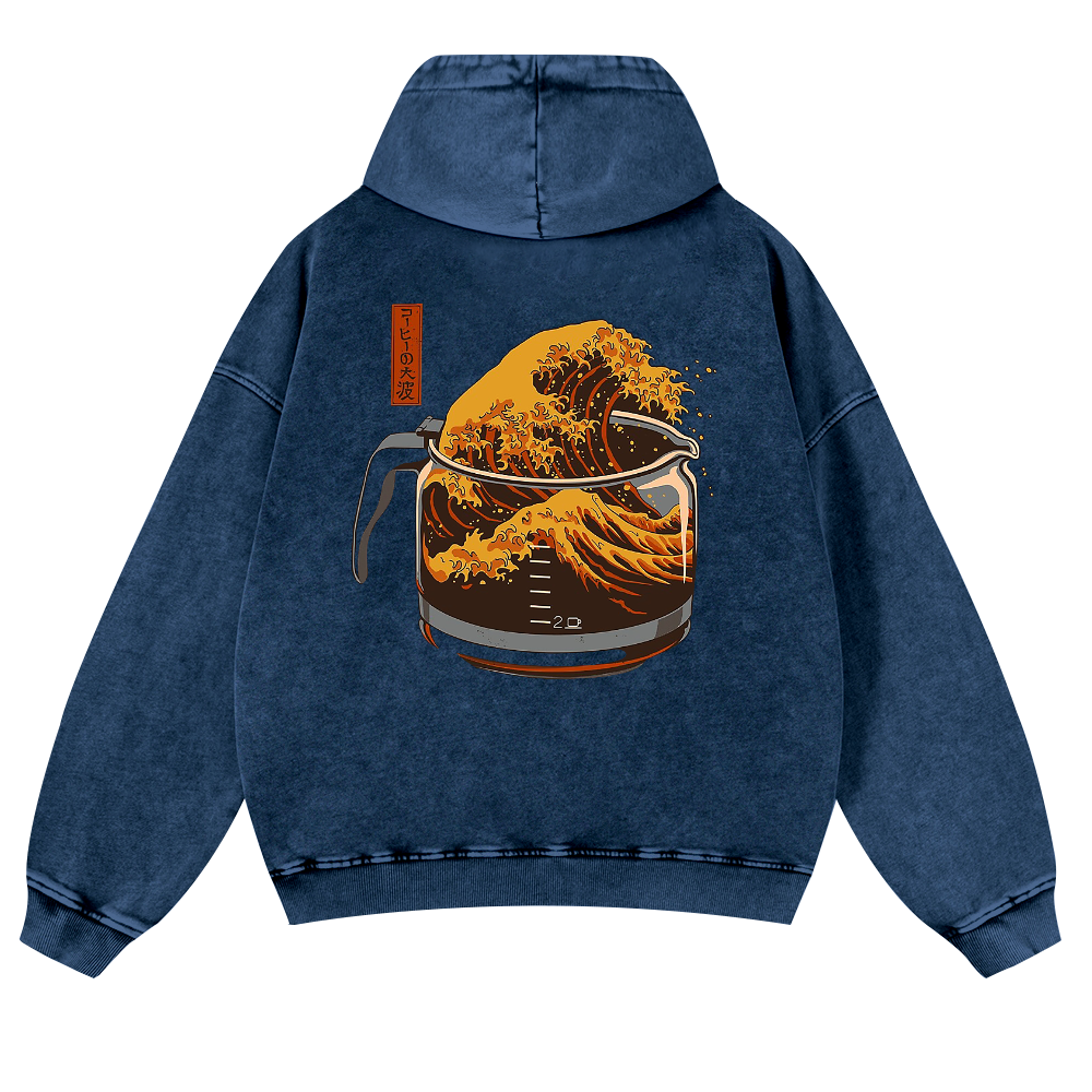 Katsushika Hokusai Coffee Wave Ukiyoe Vintage Washed Cotton Back Art Hoodie
