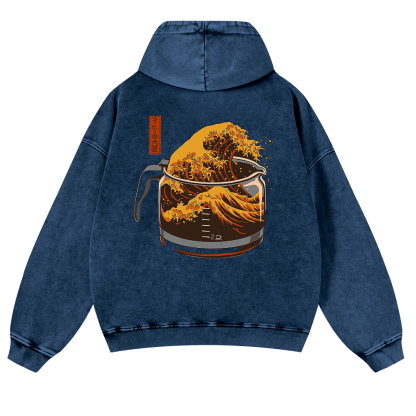 Katsushika Hokusai Coffee Wave Ukiyoe Vintage Washed Cotton Back Art Hoodie