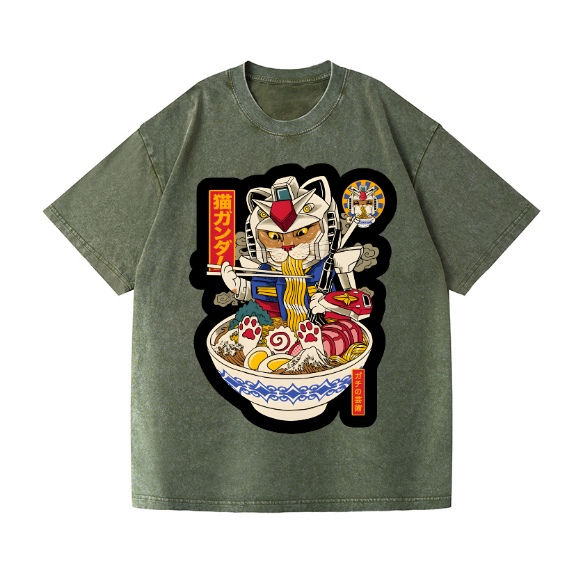 Gundam Cat Ramen Vintage Wash Japanese Design T-Shirt