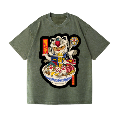 Gundam Cat Ramen Vintage Wash Japanese Design T-Shirt