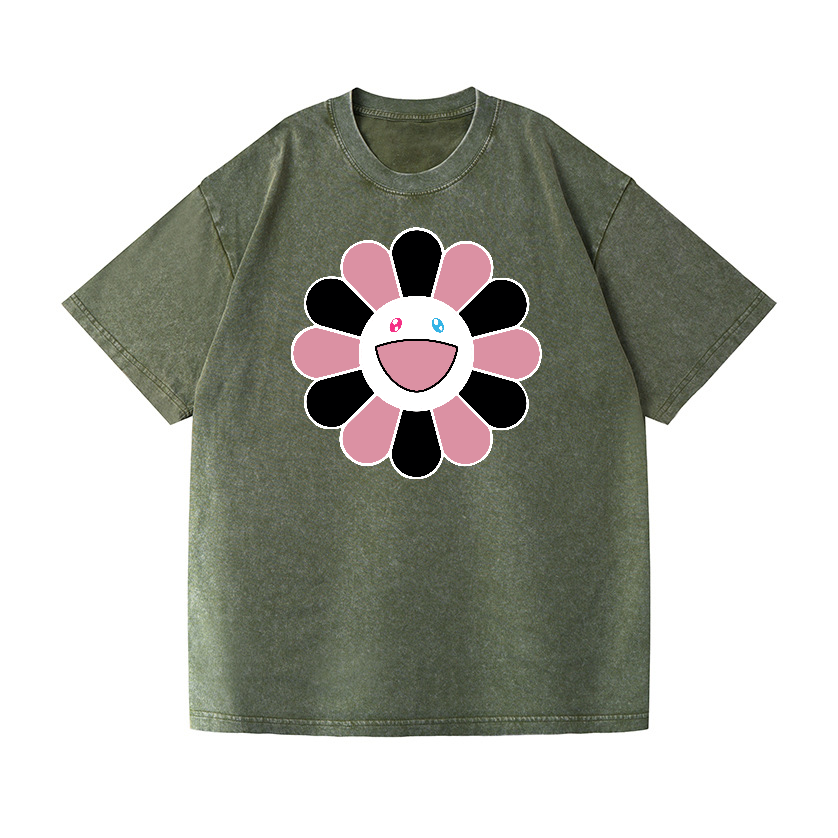 Black Pink Sunflowers TM Vintage Wash Japanese Design T-Shirt