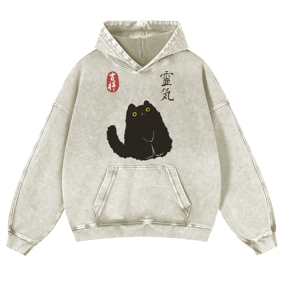 Black Cat Art Vintage Washed Thick Cotton Hoodie