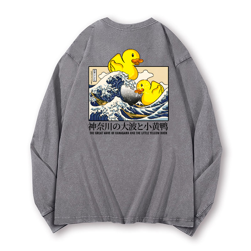 Great Wave Kanagawa Katsushika Hokusai Duck Vintage Washed Cotton Back Art Long-sleeve T-shirt