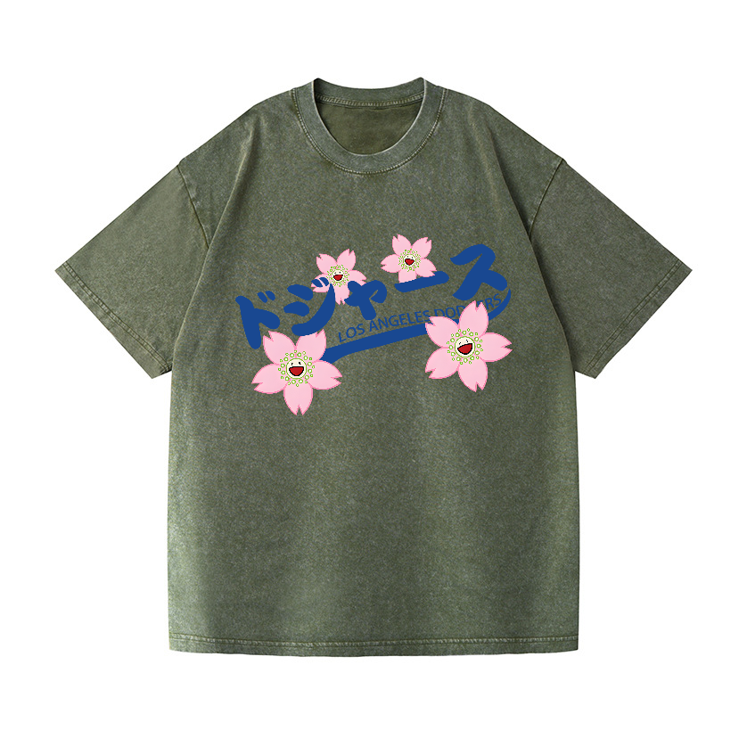 Sunflower Dodgers Baseball TM Vintage Wash Japanese Design T-Shirt