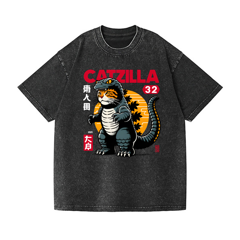 Godzilla Cat Vintage Wash Japanese Design T-Shirt