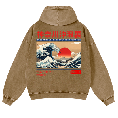 Kanagawa Katsushika Hokusai Ukiyoe Great Wave Vintage Washed Cotton Back Art Hoodie