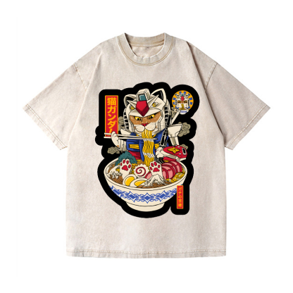 Gundam Cat Ramen Vintage Wash Japanese Design T-Shirt