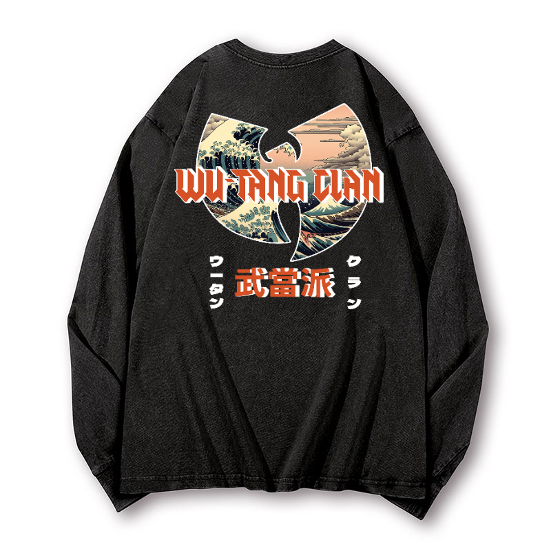 Wu Tang Clan Ukiyoe Wave Vintage Washed Cotton Back Art Long-sleeve T-shirt