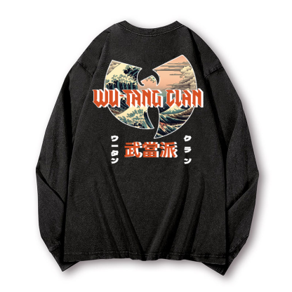 Wu Tang Clan Ukiyoe Wave Vintage Washed Cotton Back Art Long-sleeve T-shirt