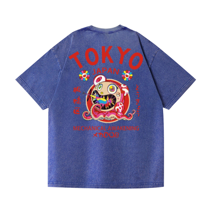 TM Sunflower Octopus Tokyo Japan Vintage Wash Japanese Design Back Art T-Shirt