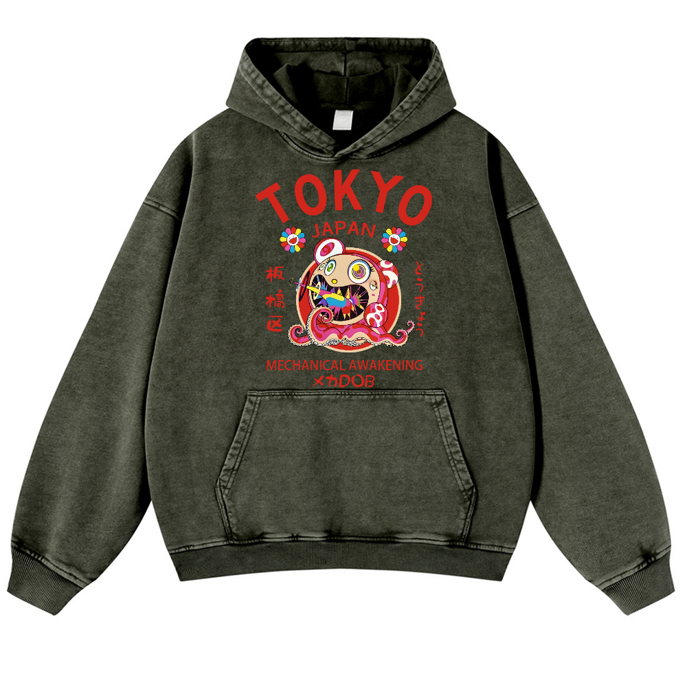 TM Sunflower Octopus Tokyo Japan Vintage Washed Thick Cotton Hoodie