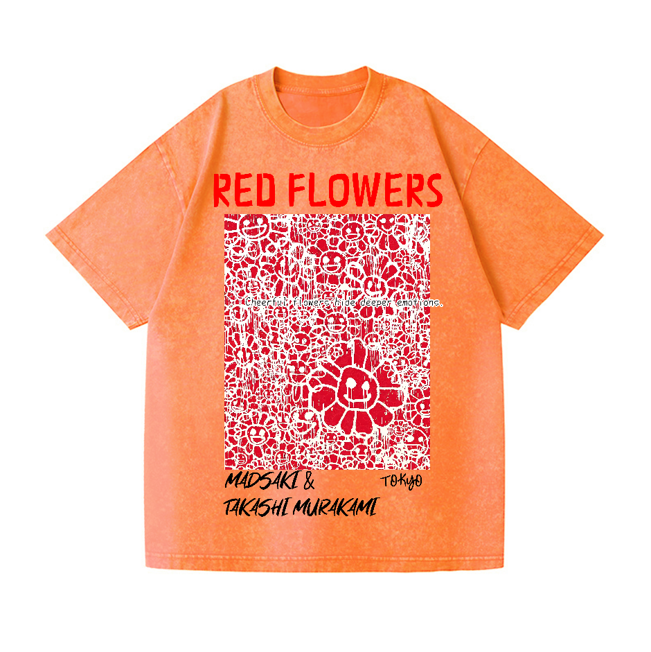 Red Flowers TM Vintage Wash Japanese Design T-Shirt