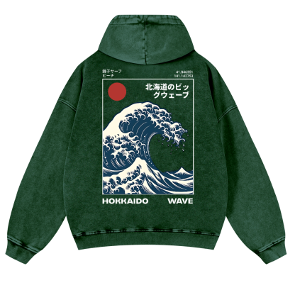 Katsushika Hokusai Hokkaido Wave Ukiyoe Vintage Washed Cotton Back Art Hoodie