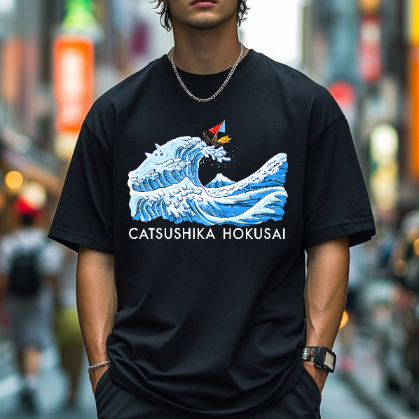 Catsushika Katsushika Hokusai Cat Wave Japanese Style Classic Tee
