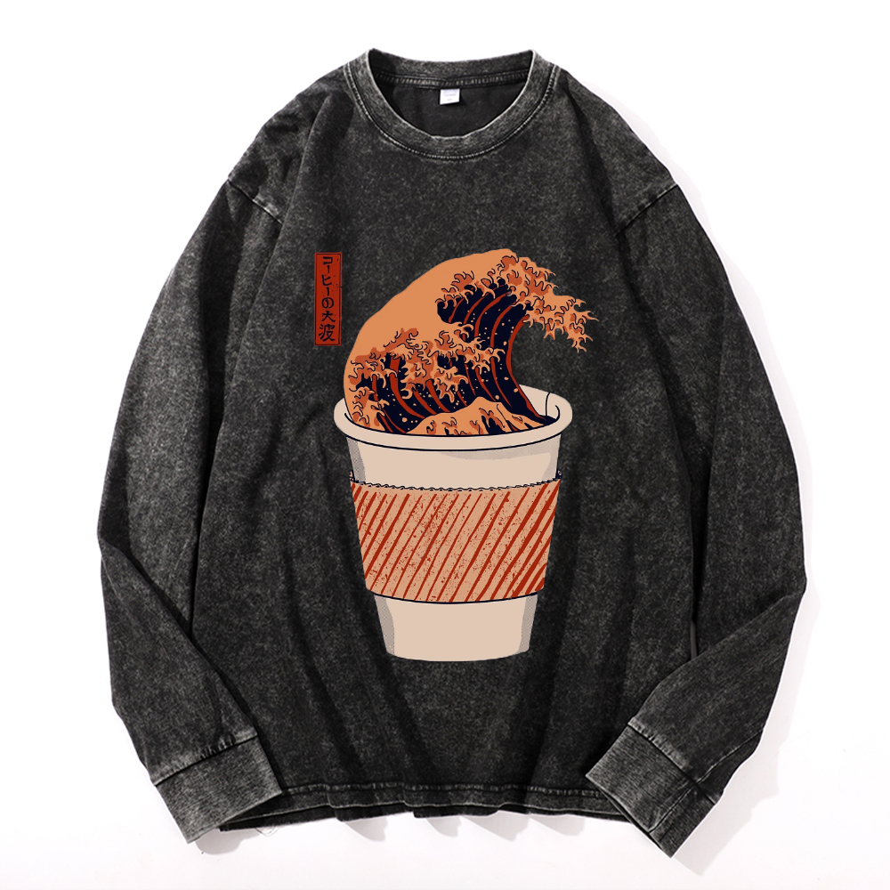 Coffee Katsushika Hokusai Vintage Cotton Wash Crewneck Sweatshirt