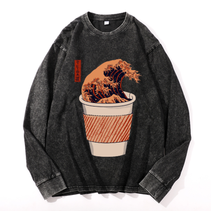 Coffee Katsushika Hokusai Vintage Cotton Wash Crewneck Sweatshirt