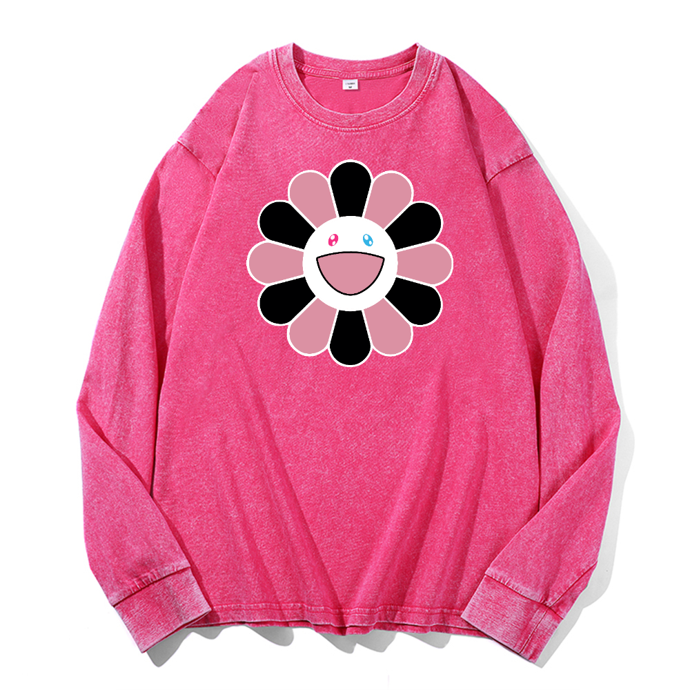 Black Pink Sunflowers TM Vintage Cotton Wash Long-sleeve T-shirt