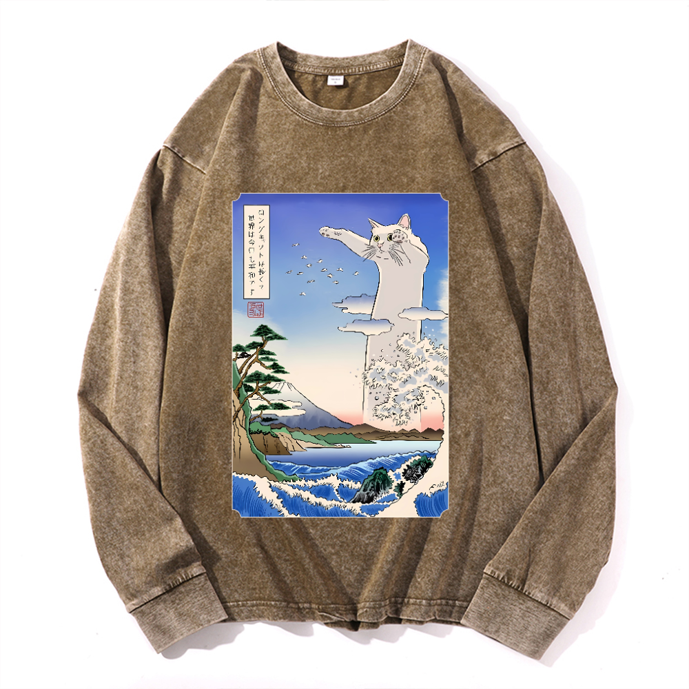 Longcat Art Vintage Cotton Wash Crewneck Sweatshirt
