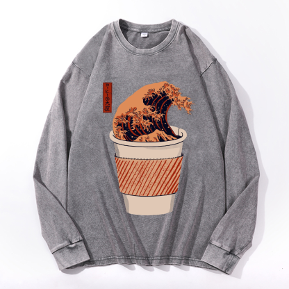 Coffee Katsushika Hokusai Vintage Cotton Wash Crewneck Sweatshirt