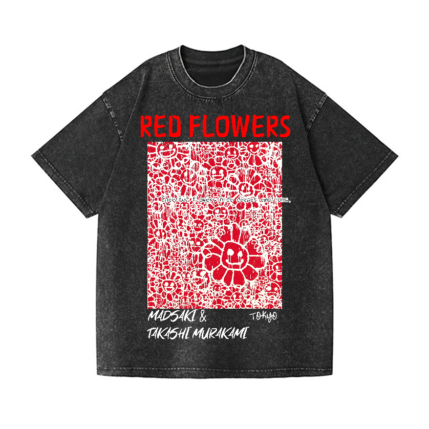 Red Flowers TM Vintage Wash Japanese Design T-Shirt