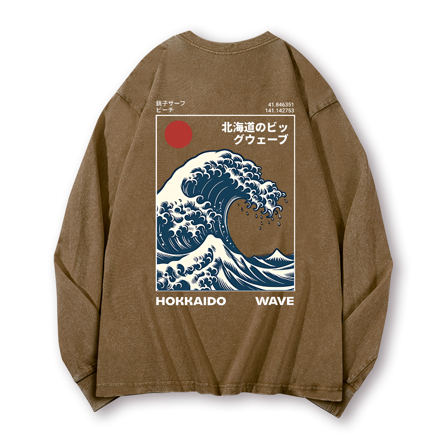 Katsushika Hokusai Wave Ukiyoe Vintage Washed Cotton Back Art Long-sleeve T-shirt