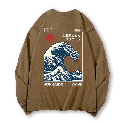 Katsushika Hokusai Wave Ukiyoe Vintage Washed Cotton Back Art Long-sleeve T-shirt