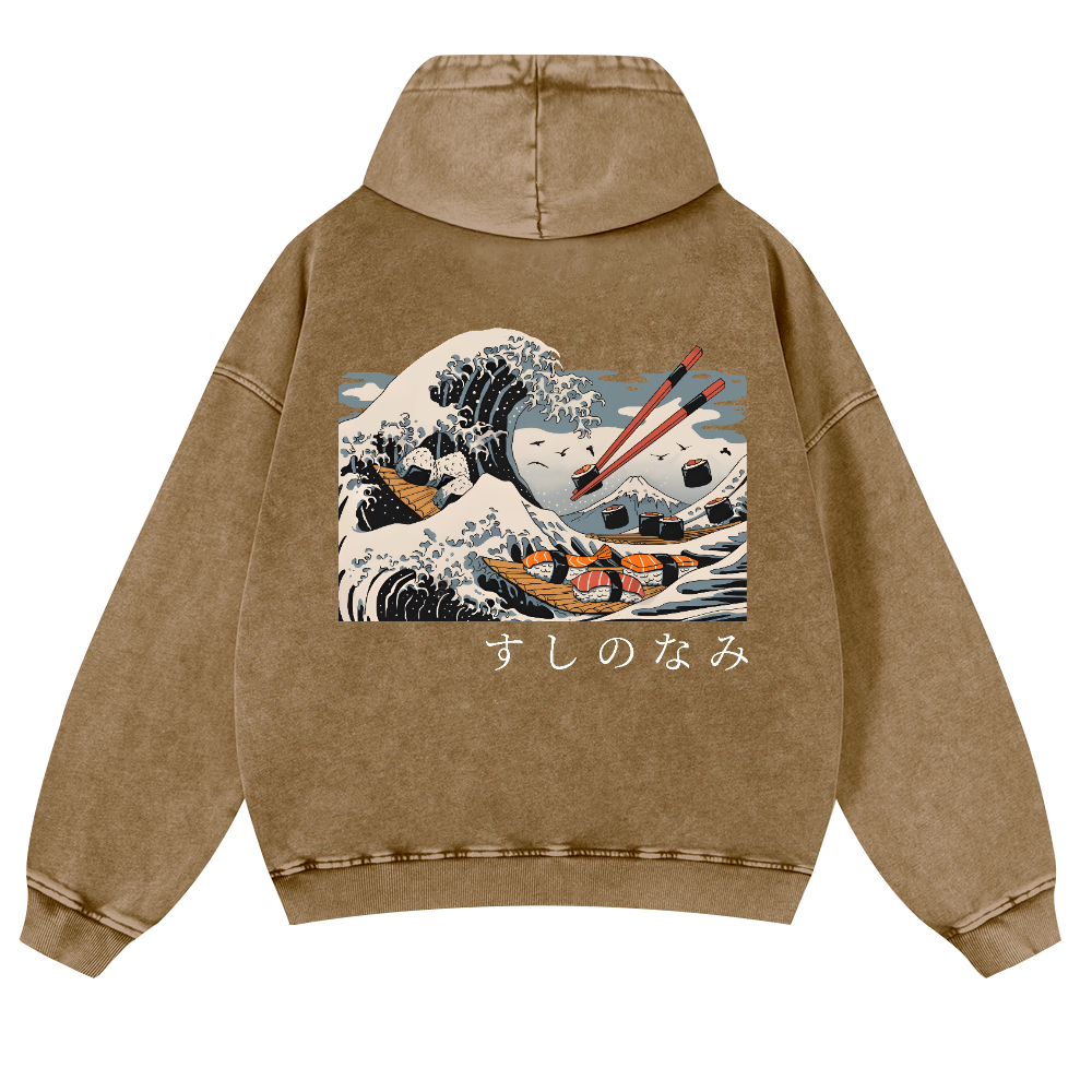 Sushi Kanagawa Katsushika Hokusai Wave Ukiyoe Vintage Washed Cotton Back Art Hoodie